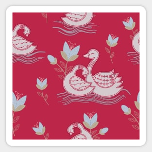 Viva magenta swans and flowers repeat pattern Sticker